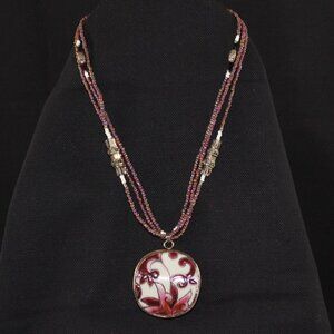 Handmade Artisan Seed Bead Necklace with Vintage Handmade Enamel Floral Pendant